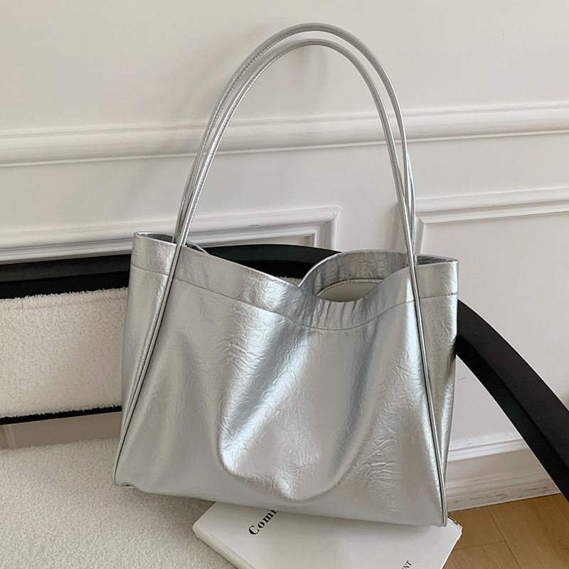 Luxury Bags Tote - カジュアル大容量トートバッグ通勤デザイナー女性ショルダーバッグ高級ソフト Pu レザー女性財布とハンドバッグビッグシルバー