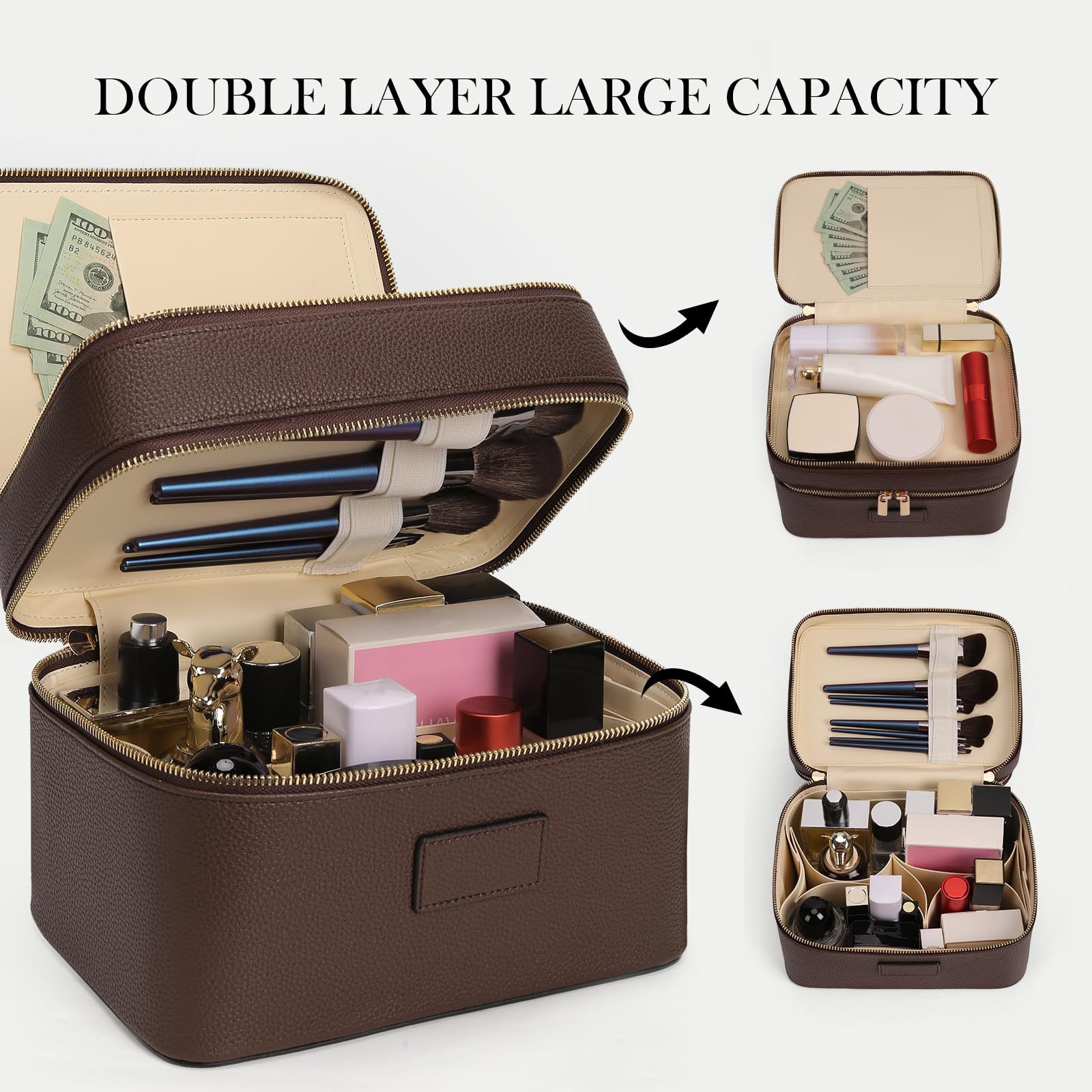 Luxury Bags Leather - 大容量二層式高級化粧ポーチ 旅行用トップハンドル付きポータブルPUレザー多仕切りバニティケース