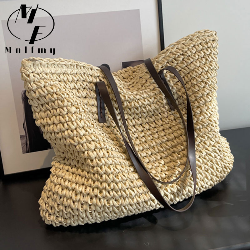 Luxury Bags Tote - 麦わら織りトートバッグ カジュアル 大容量 高級感 デザイン ハンドバッグ