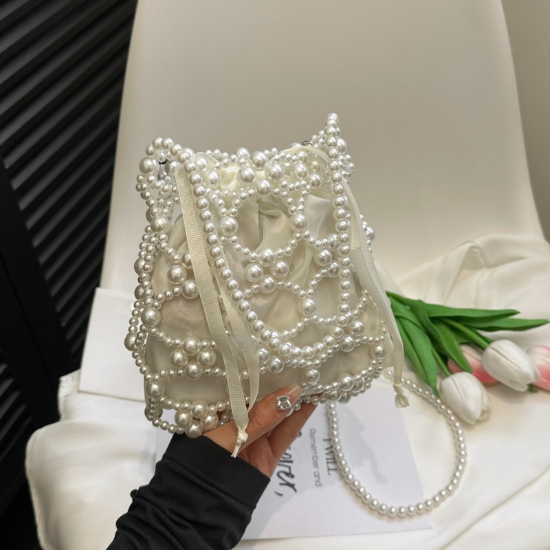 Luxury Bags On Sales - ホワイトビーズバケットショルダー＆クロスボディバッグ、高級感溢れるフレッシュなパーティーハンドバッグ、女性用2024年ファッション、セール中